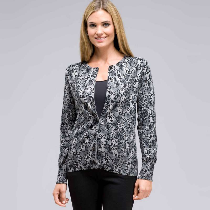 Button Front Crew Neck Cardigan, Grey Heather Multi, large image number 0