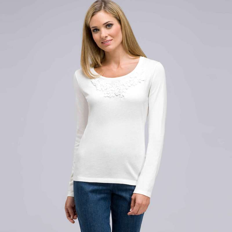Long Sleeve Appliqued Crew Neck, Sugar, large image number 0